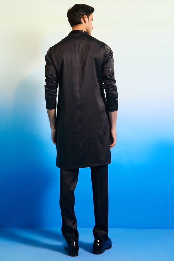 Black Tokyo Satin Hand Embroidered Kurta Set by Contrast By Parth at Pernia's Pop Up Shop