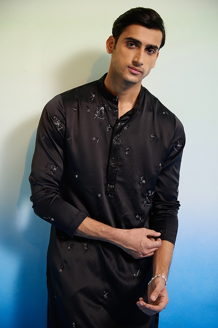 Black Tokyo Satin Hand Embroidered Kurta Set by Contrast By Parth at Pernia's Pop Up Shop