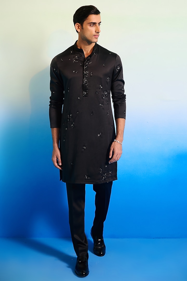 Black Tokyo Satin Hand Embroidered Kurta Set by Contrast By Parth at Pernia's Pop Up Shop