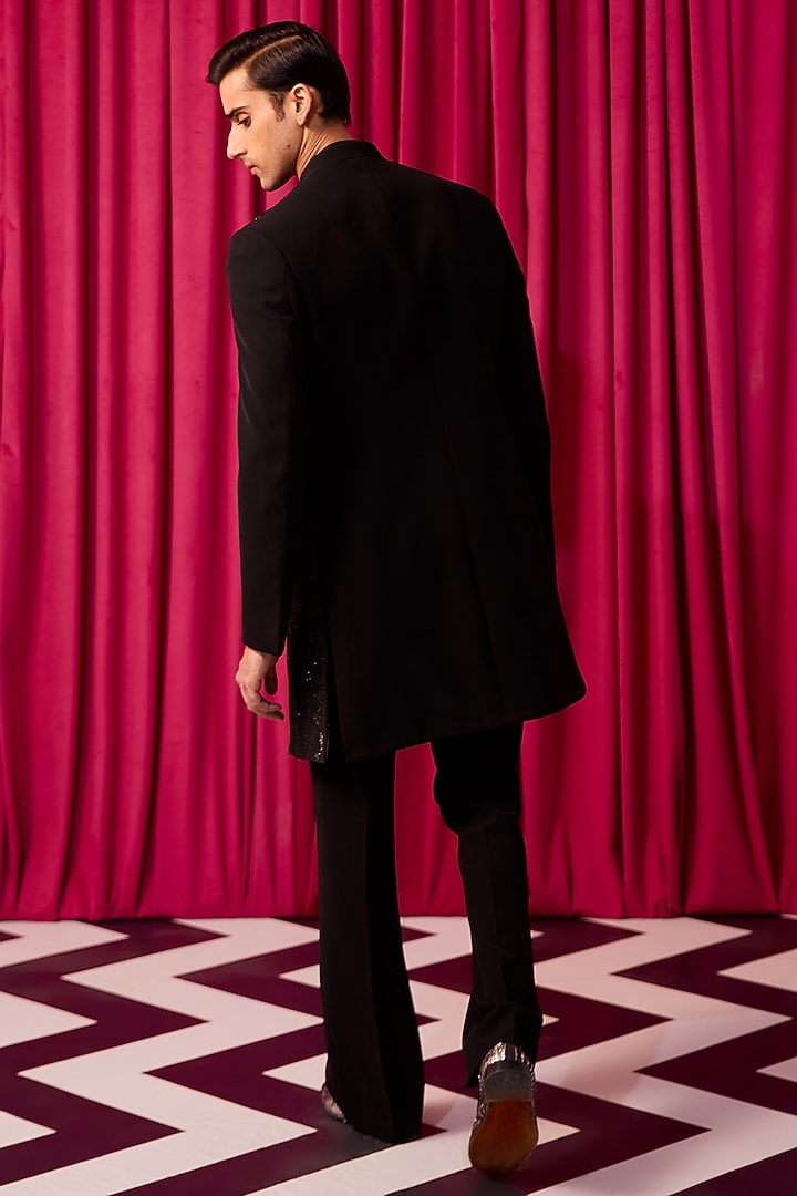 Black Suiting Hand Embroidered Achkan Jacket Set by Contrast By Parth at Pernia's Pop Up Shop