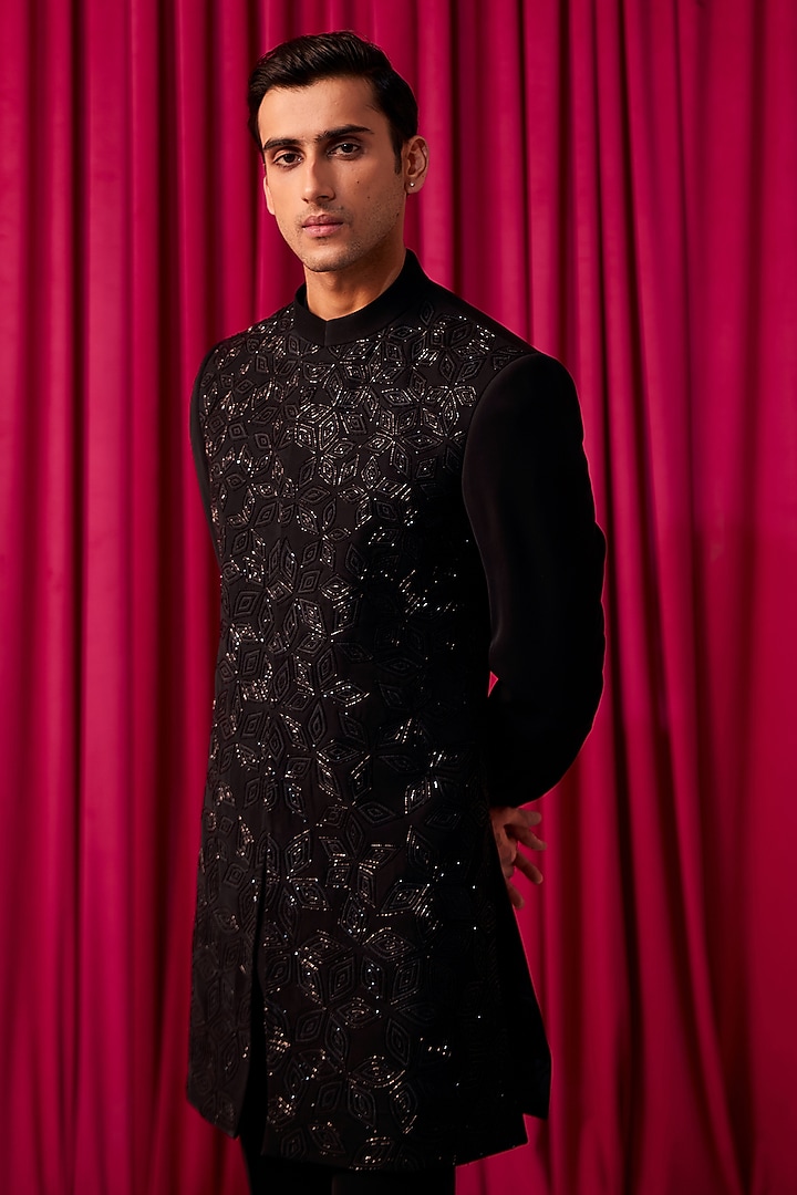 Black Suiting Hand Embroidered Achkan Jacket Set by Contrast By Parth at Pernia's Pop Up Shop