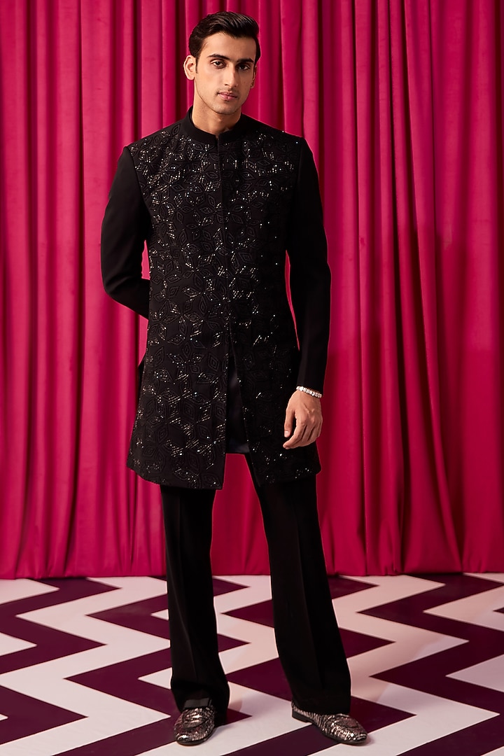 Black Suiting Hand Embroidered Achkan Jacket Set by Contrast By Parth at Pernia's Pop Up Shop