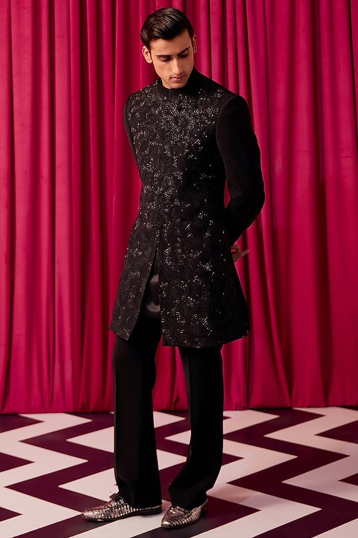 Black Suiting Hand Embroidered Achkan Jacket Set by Contrast By Parth at Pernia's Pop Up Shop