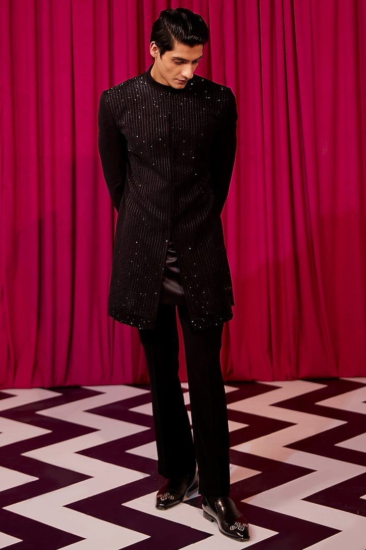 Black Suiting Crystal Embellished Achkan Jacket Set by Contrast By Parth at Pernia's Pop Up Shop