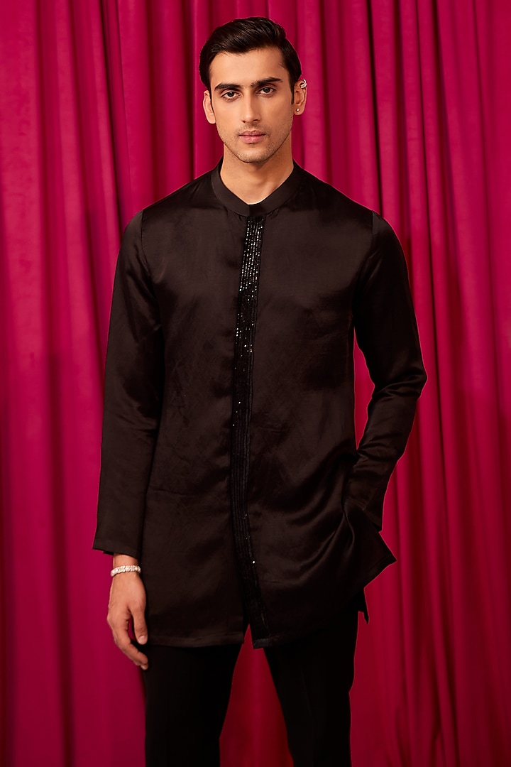Black Textured Suiting Hand Embroidered Achkan Jacket Set by Contrast By Parth at Pernia's Pop Up Shop