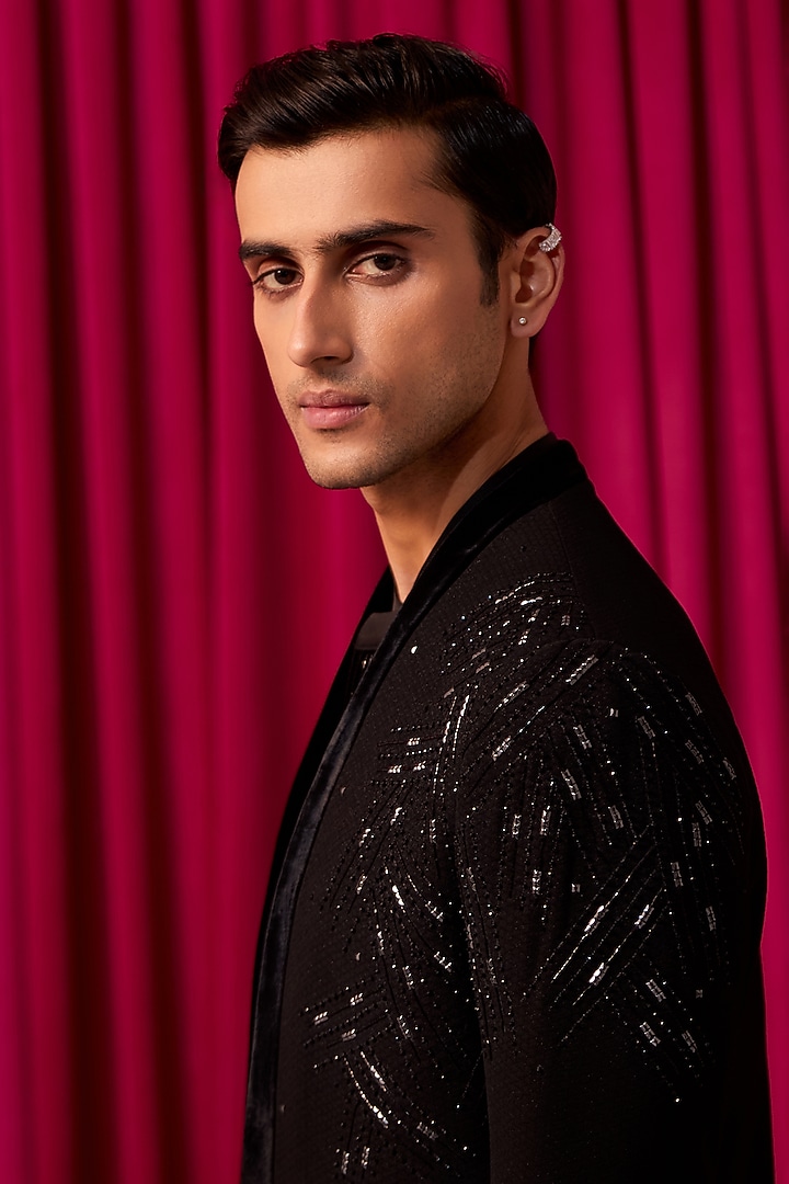Black Textured Suiting Hand Embroidered Achkan Jacket Set by Contrast By Parth at Pernia's Pop Up Shop