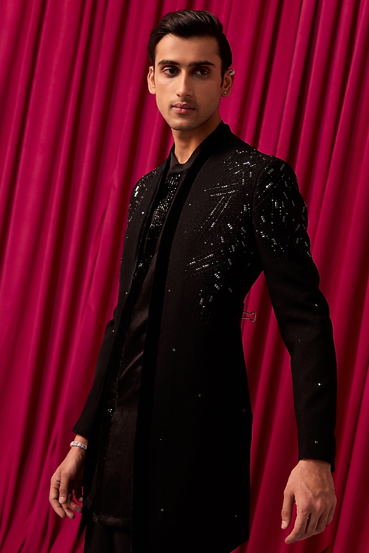Black Textured Suiting Hand Embroidered Achkan Jacket Set by Contrast By Parth at Pernia's Pop Up Shop