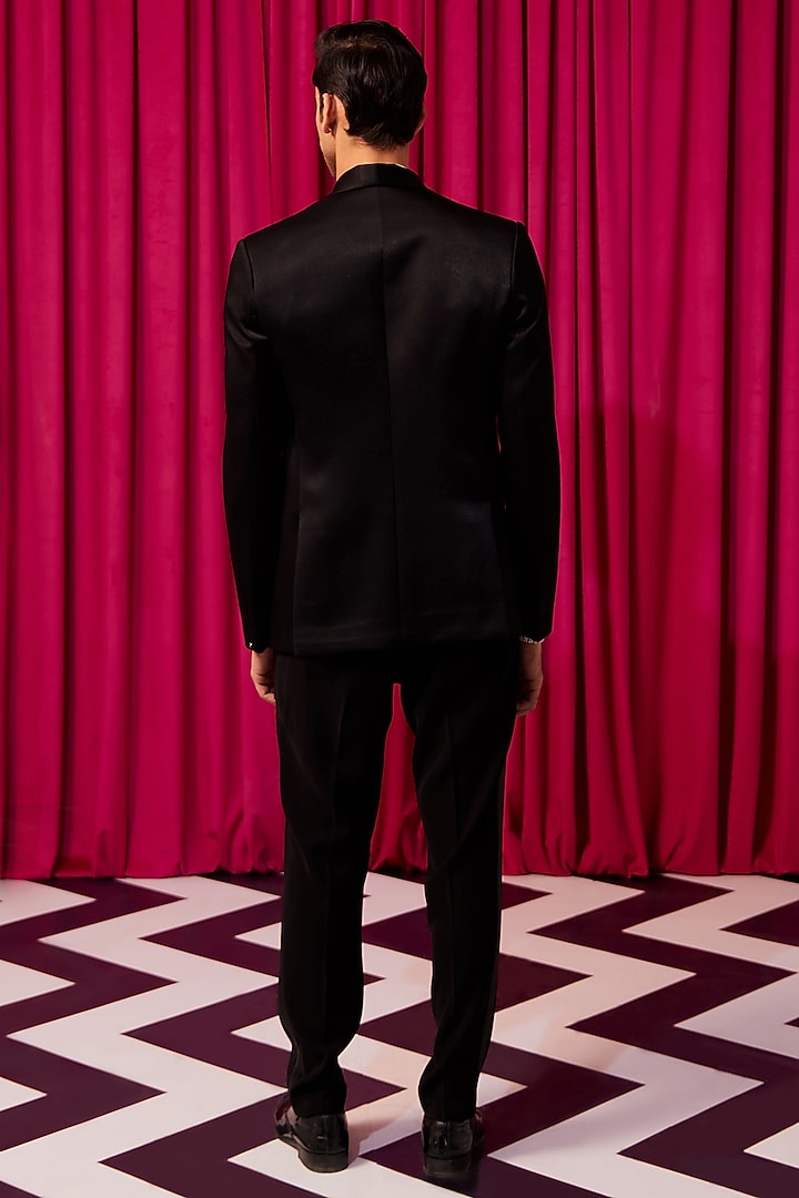 Black Sandwash Suiting Hand Embroidered Tuxedo Set by Contrast By Parth at Pernia's Pop Up Shop