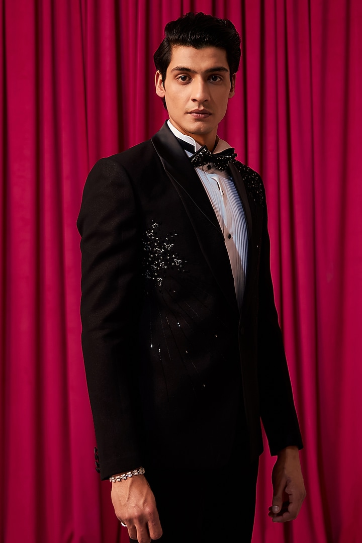Black Textured Suiting Crystal Embellished Tuxedo Set by Contrast By Parth at Pernia's Pop Up Shop