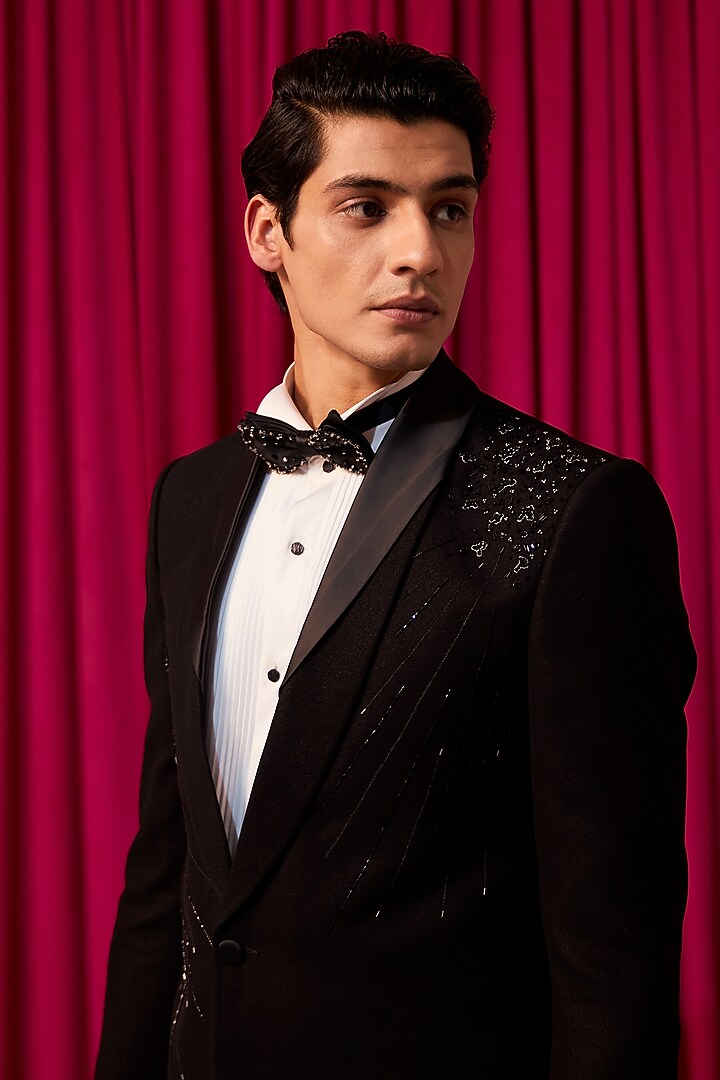 Black Textured Suiting Crystal Embellished Tuxedo Set by Contrast By Parth at Pernia's Pop Up Shop