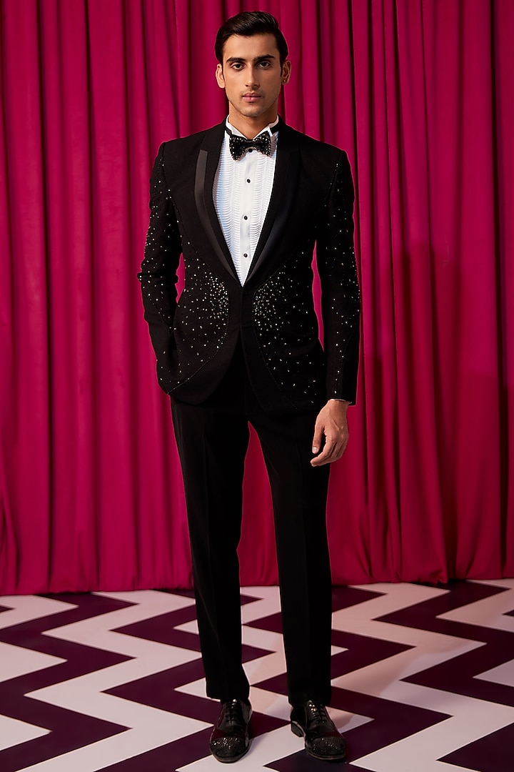 Black Textured Suiting Crystal Embellished Tuxedo Set by Contrast By Parth
