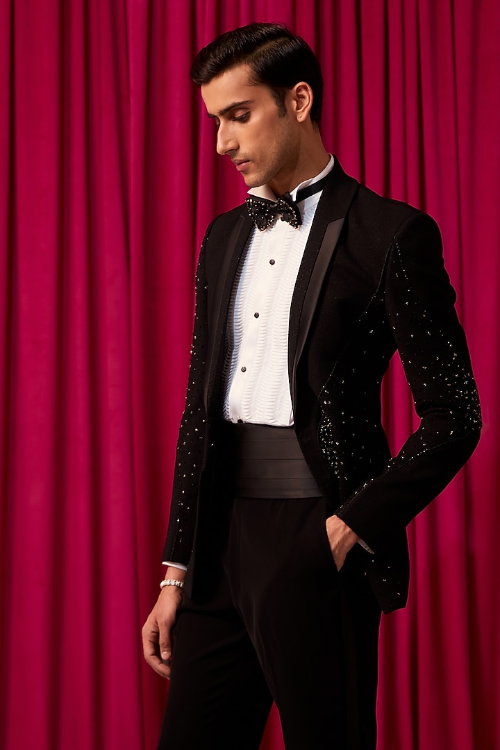 Black Textured Suiting Crystal Embellished Tuxedo Set by Contrast By Parth at Pernia's Pop Up Shop