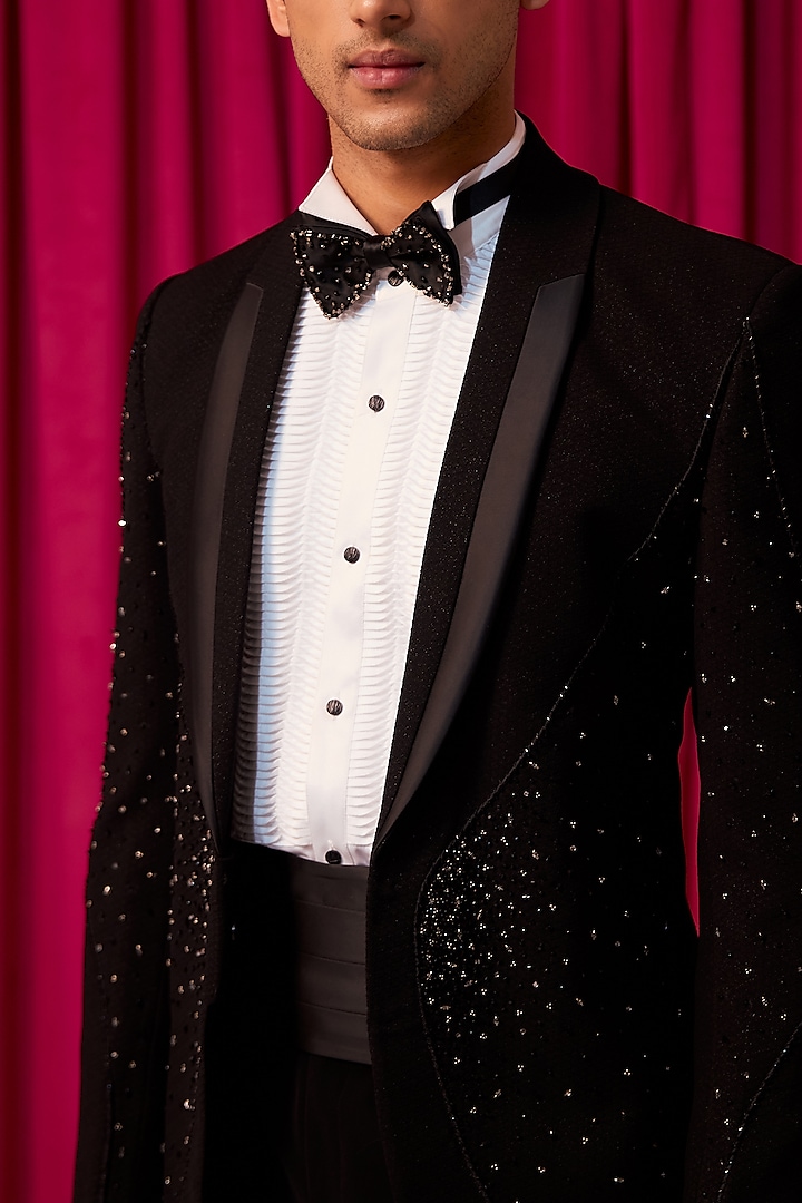 Black Textured Suiting Crystal Embellished Tuxedo Set by Contrast By Parth at Pernia's Pop Up Shop