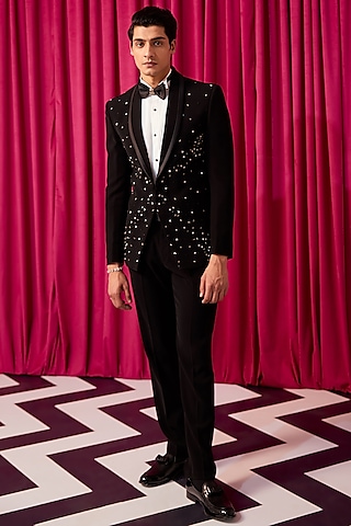 Black Textured Suiting Embroidered Tuxedo Set by Contrast By Parth