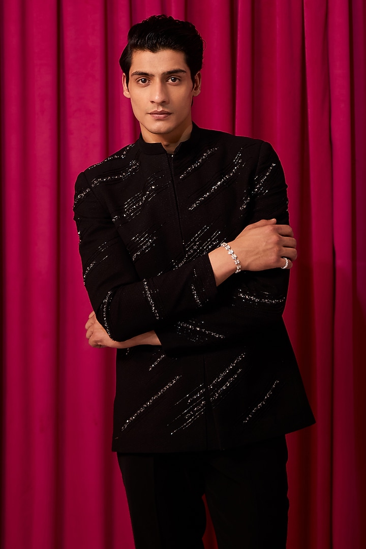 Black Textured Suiting Wedding Bandhgala Set by Contrast By Parth at Pernia's Pop Up Shop
