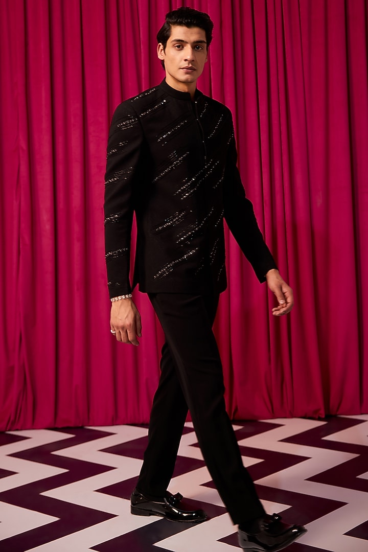 Black Textured Suiting Wedding Bandhgala Set by Contrast By Parth at Pernia's Pop Up Shop