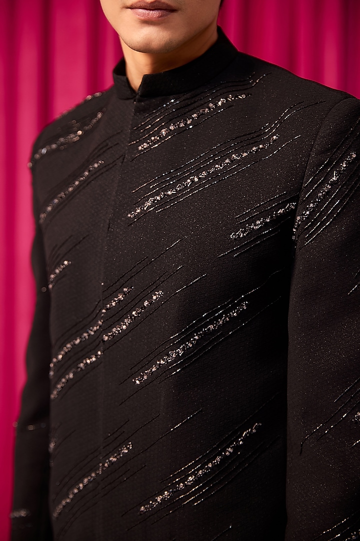 Black Textured Suiting Wedding Bandhgala Set by Contrast By Parth at Pernia's Pop Up Shop