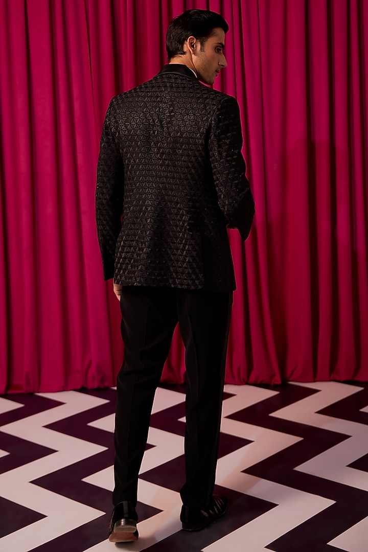 Black Textured Pure Silk Embellished Tuxedo Set by Contrast By Parth at Pernia's Pop Up Shop