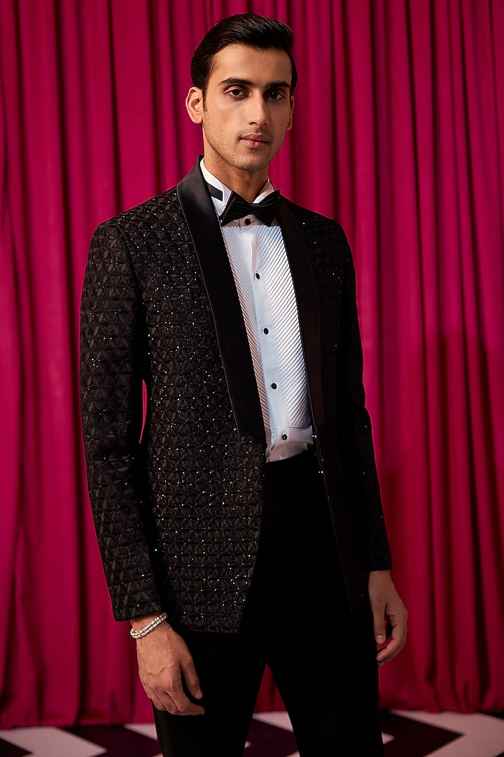 Black Textured Pure Silk Embellished Tuxedo Set by Contrast By Parth at Pernia's Pop Up Shop