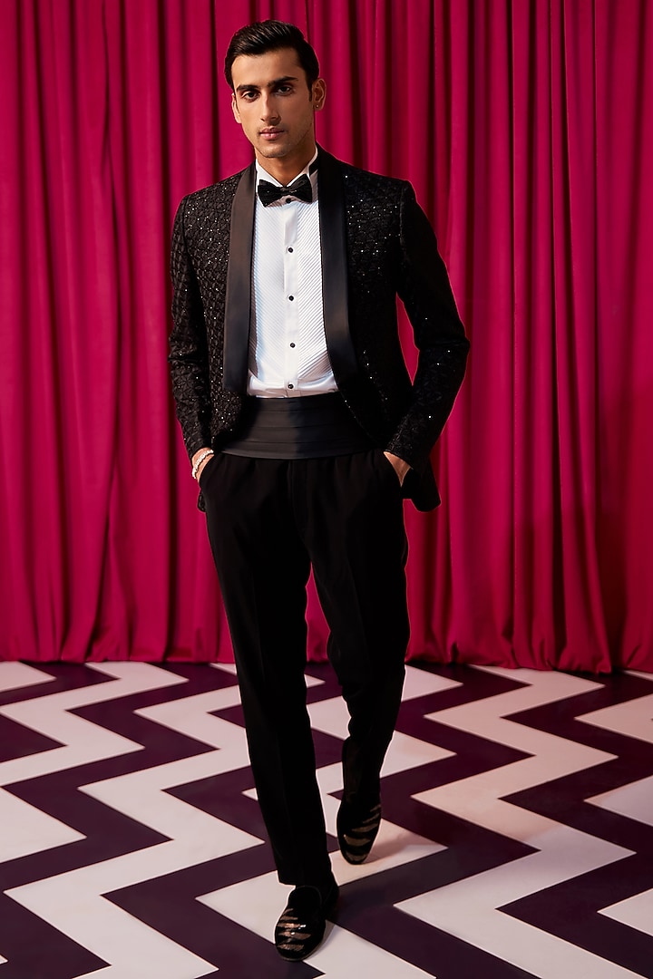 Black Textured Pure Silk Embellished Tuxedo Set by Contrast By Parth at Pernia's Pop Up Shop