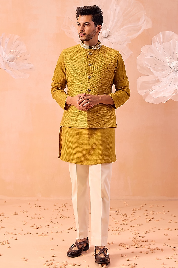 Mustard Soft Silk Pearls & Cutdana Embroidered Bundi Jacket Set by Contrast By Parth