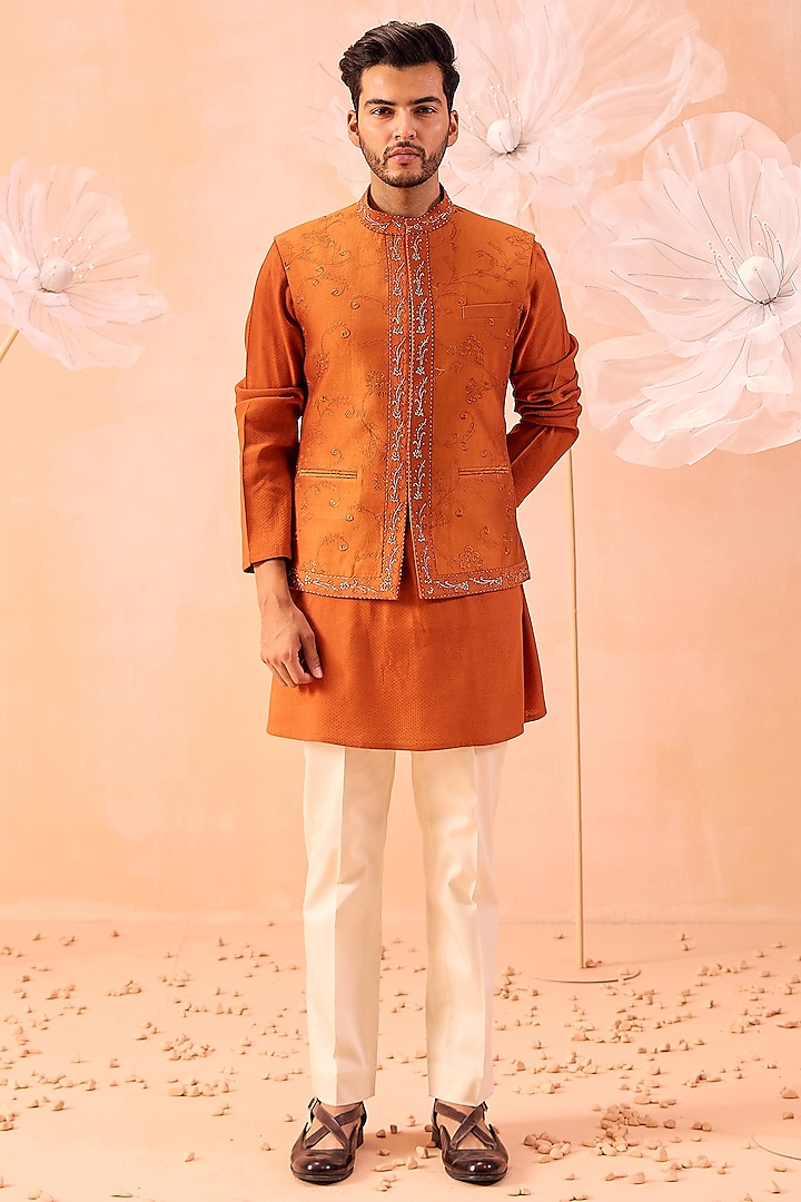 Burnt Orange Soft Silk Floral Embroidered Bundi Jacket Set by Contrast By Parth