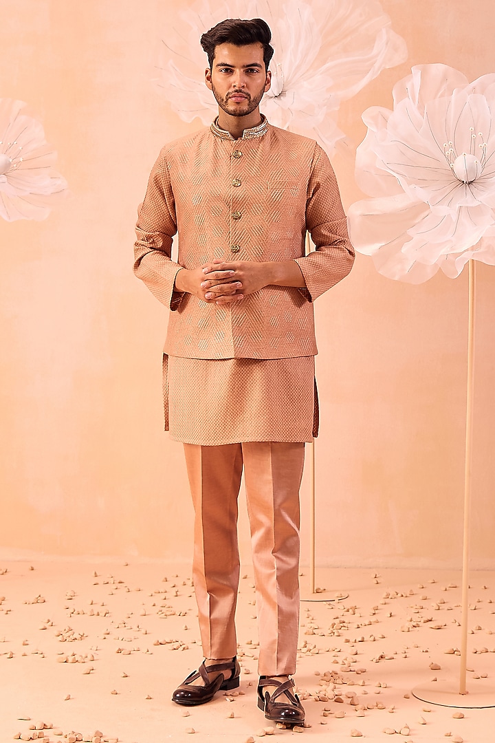 Golden Brown Soft Silk Hand Embroidered Nehru Jacket Set by Contrast By Parth at Pernia's Pop Up Shop