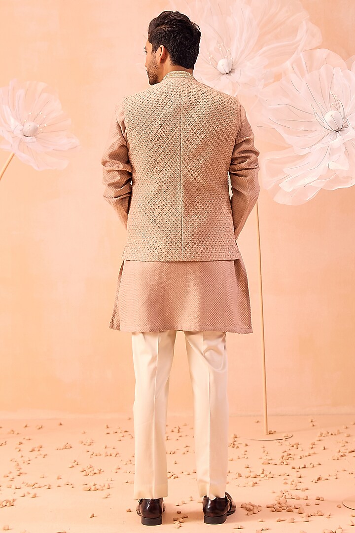 Muted Brown Soft Silk Motif & Geometric Embroidered Bundi Jacket Set by Contrast By Parth at Pernia's Pop Up Shop