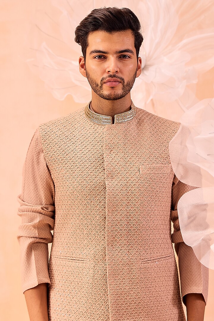 Muted Brown Soft Silk Motif & Geometric Embroidered Bundi Jacket Set by Contrast By Parth at Pernia's Pop Up Shop