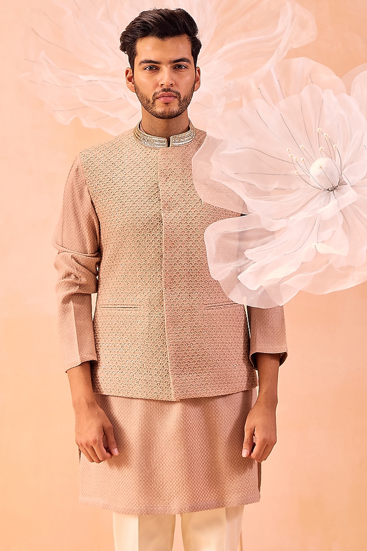 Muted Brown Soft Silk Motif & Geometric Embroidered Bundi Jacket Set by Contrast By Parth at Pernia's Pop Up Shop
