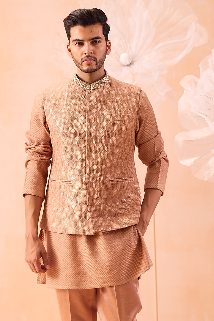 Golden Brown Soft Silk Sequins Embroidered Bundi Jacket Set by Contrast By Parth at Pernia's Pop Up Shop
