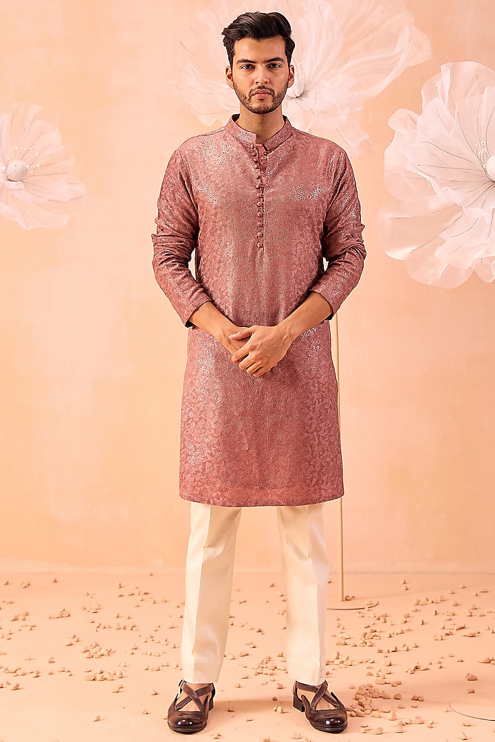 Taupe Pink Soft Silk Sequins Hand Embroidered Kurta Set by Contrast By Parth