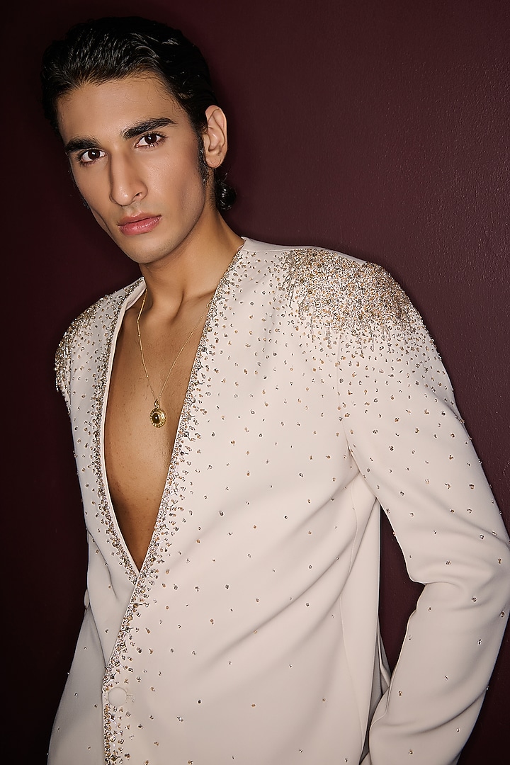 Off-White Premium Lycra Suiting Crystal Embellished Tuxedo Set by Contrast By Parth at Pernia's Pop Up Shop