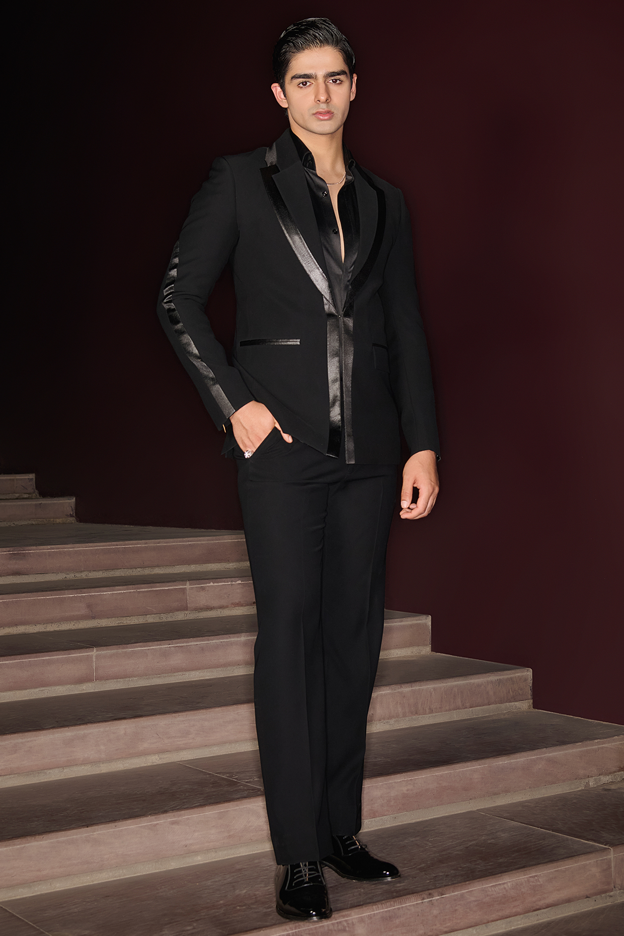 Black Premium Lycra Suiting Tuxedo Set by Contrast By Parth at Pernia's Pop Up Shop