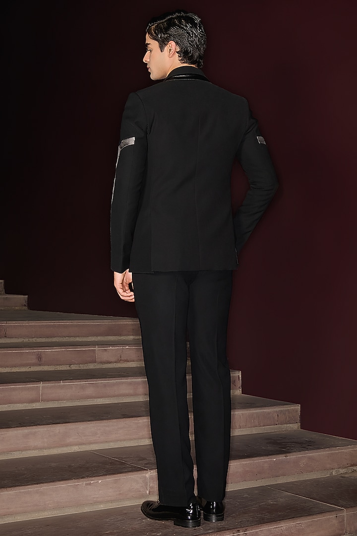 Black Premium Lycra Suiting Tuxedo Set by Contrast By Parth at Pernia's Pop Up Shop