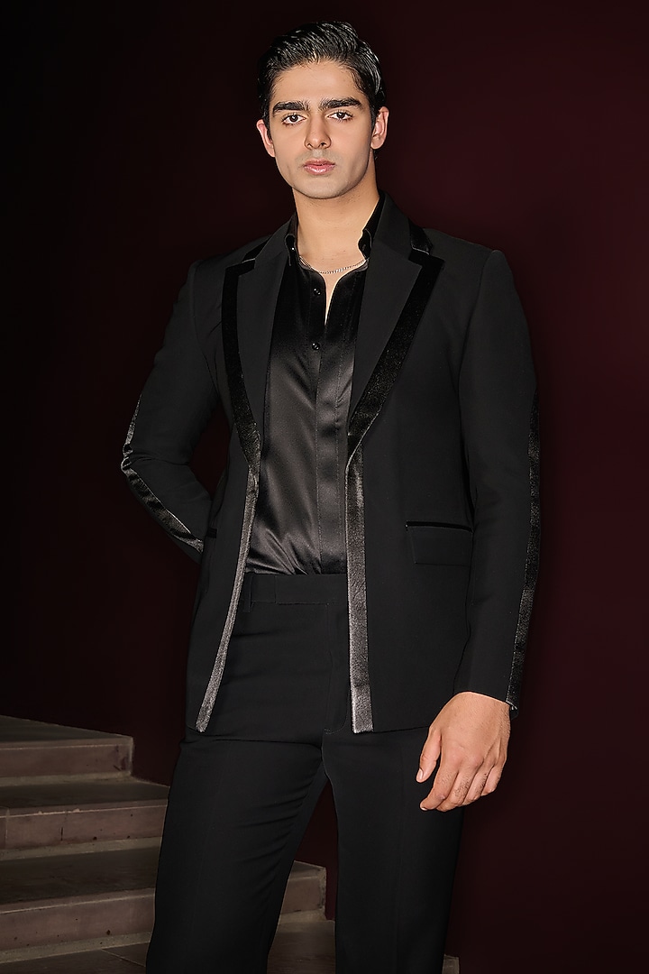 Black Premium Lycra Suiting Tuxedo Set by Contrast By Parth at Pernia's Pop Up Shop