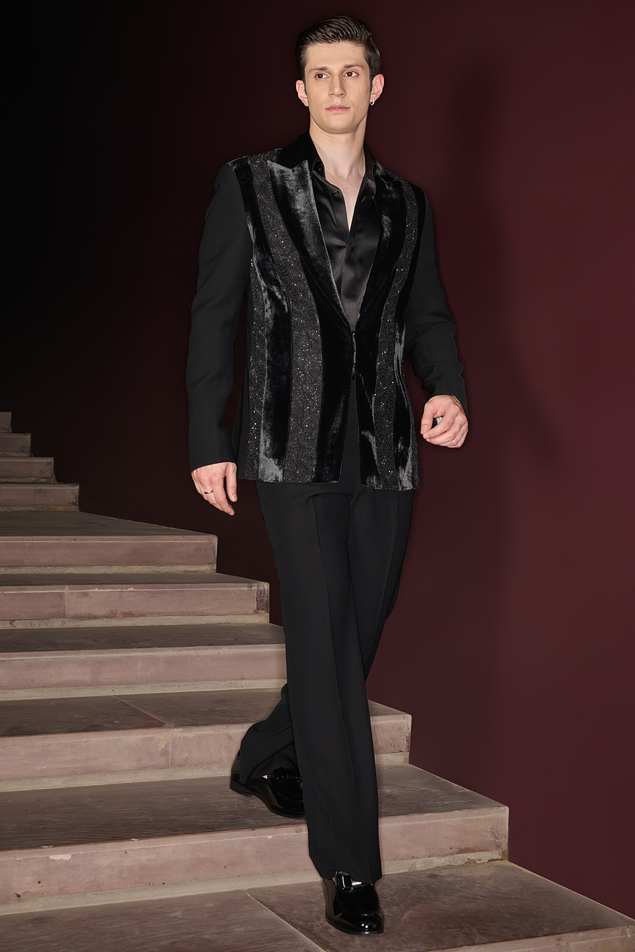 Black Silk Velvet & Lycra Suiting Cutdana Embroidered Tuxedo Set by Contrast By Parth at Pernia's Pop Up Shop