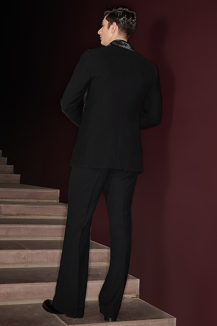 Black Silk Velvet & Lycra Suiting Cutdana Embroidered Tuxedo Set by Contrast By Parth at Pernia's Pop Up Shop