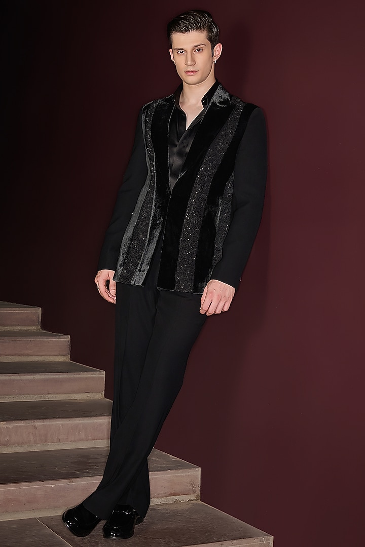 Black Silk Velvet & Lycra Suiting Cutdana Embroidered Tuxedo Set by Contrast By Parth at Pernia's Pop Up Shop