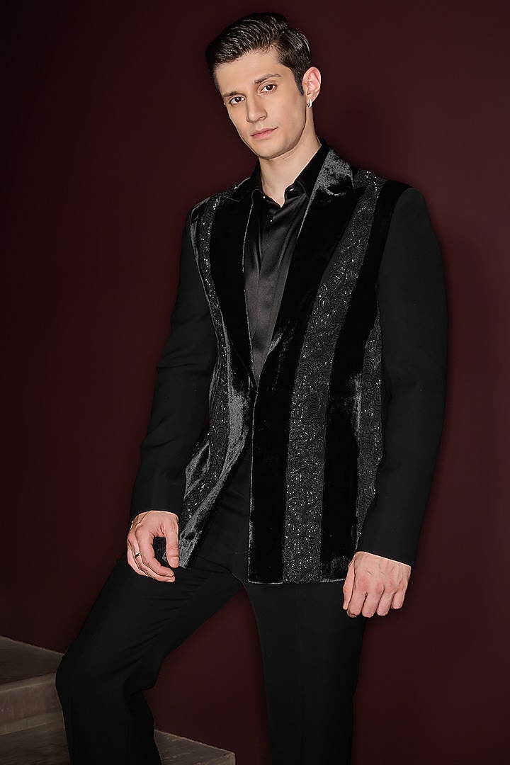 Black Silk Velvet & Lycra Suiting Cutdana Embroidered Tuxedo Set by Contrast By Parth at Pernia's Pop Up Shop