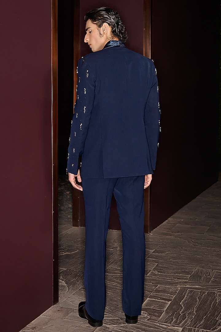 Blue Premium Lycra Suiting Crystal Embellished Tuxedo Set by Contrast By Parth at Pernia's Pop Up Shop