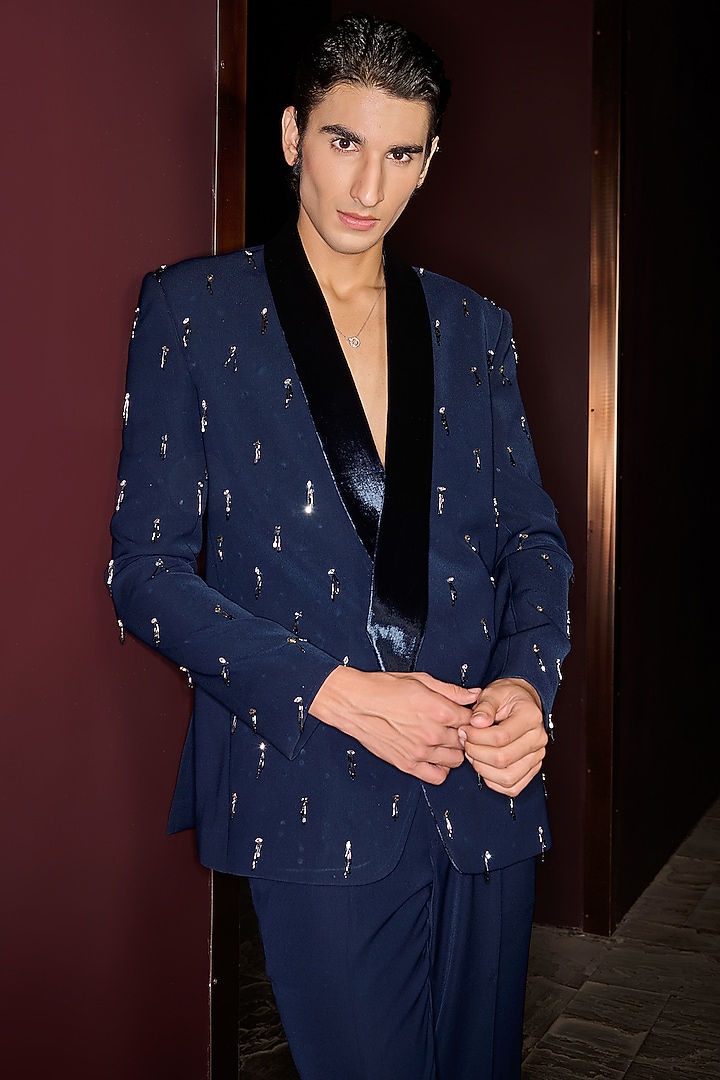 Blue Premium Lycra Suiting Crystal Embellished Tuxedo Set by Contrast By Parth at Pernia's Pop Up Shop