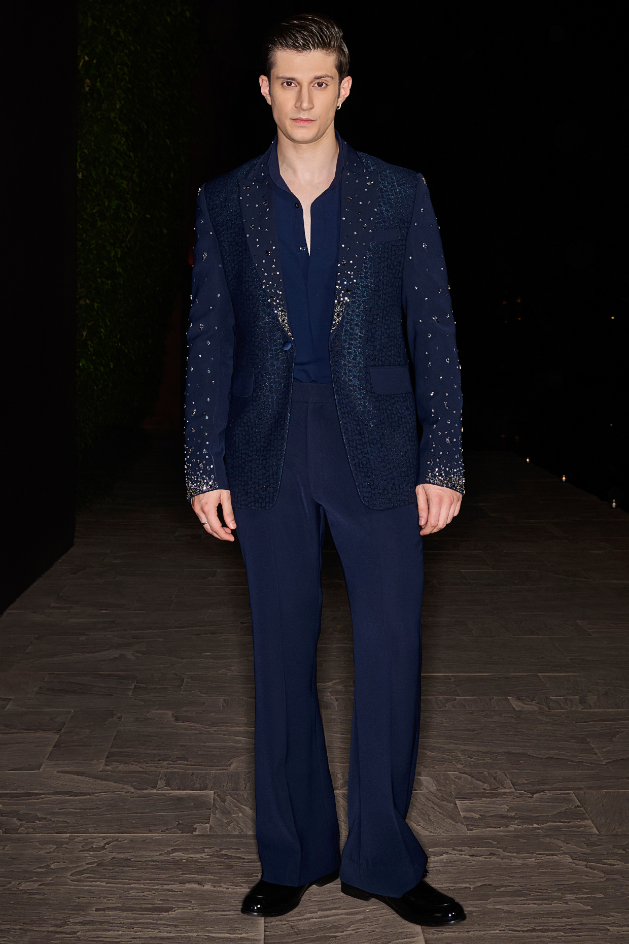 Blue Textured Suiting Stone Embellished Tuxedo Set by Contrast By Parth at Pernia's Pop Up Shop