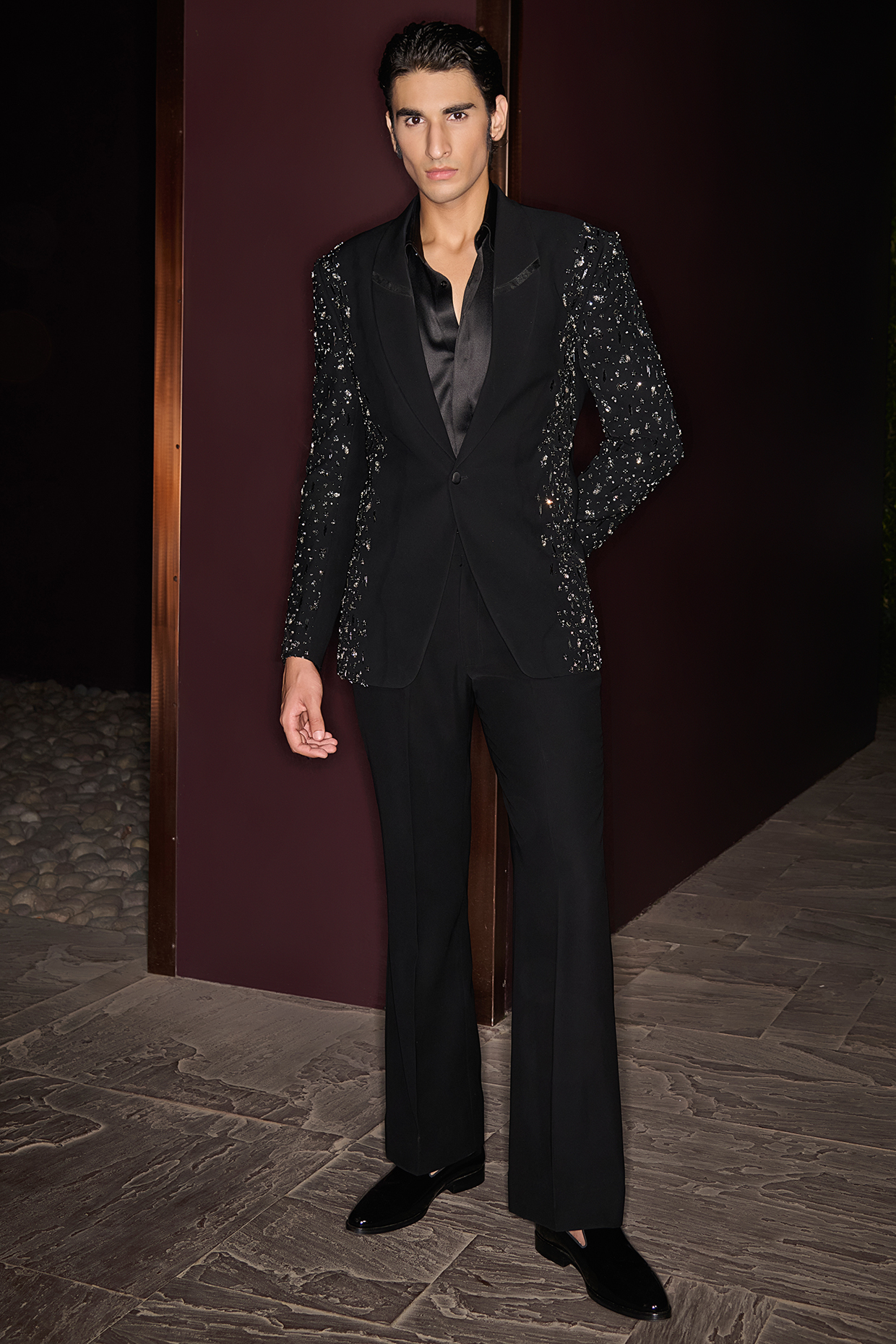 Black Premium Lycra Suiting Crystal Embroidered Tuxedo Set by Contrast By Parth at Pernia's Pop Up Shop