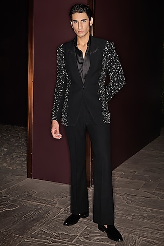 Black Premium Lycra Suiting Crystal Embroidered Tuxedo Set by Contrast By Parth
