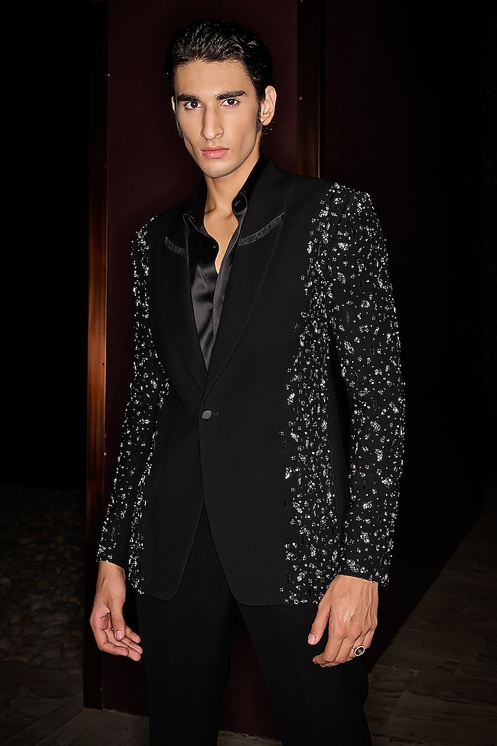 Black Premium Lycra Suiting Crystal Embroidered Tuxedo Set by Contrast By Parth at Pernia's Pop Up Shop