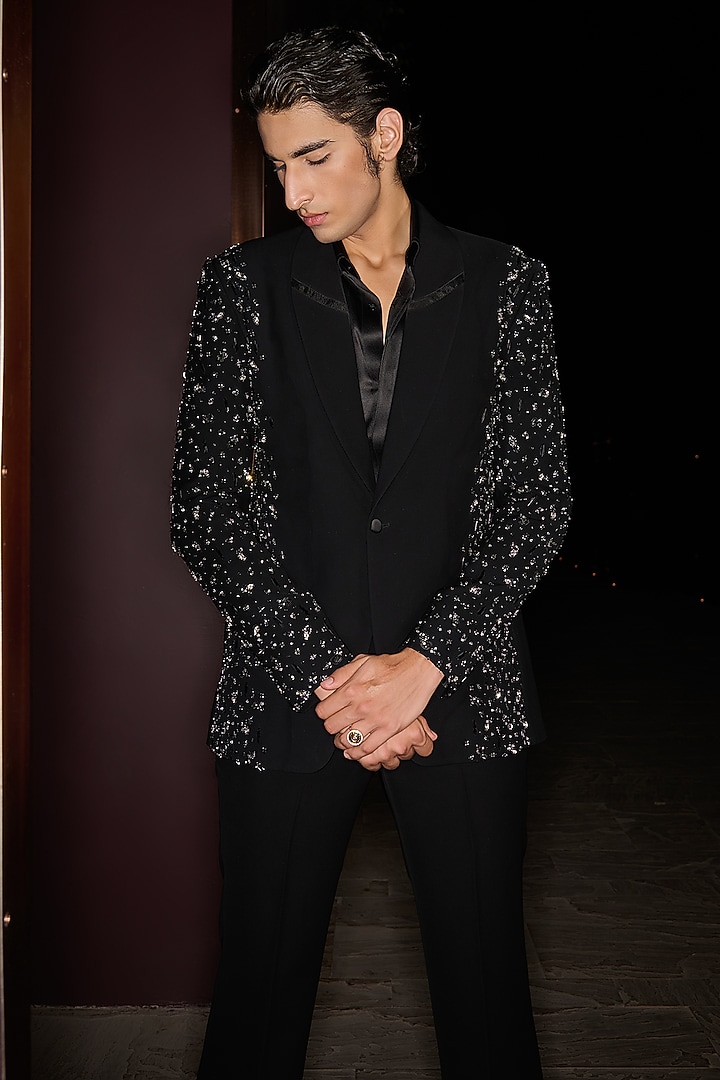 Black Premium Lycra Suiting Crystal Embroidered Tuxedo Set by Contrast By Parth at Pernia's Pop Up Shop