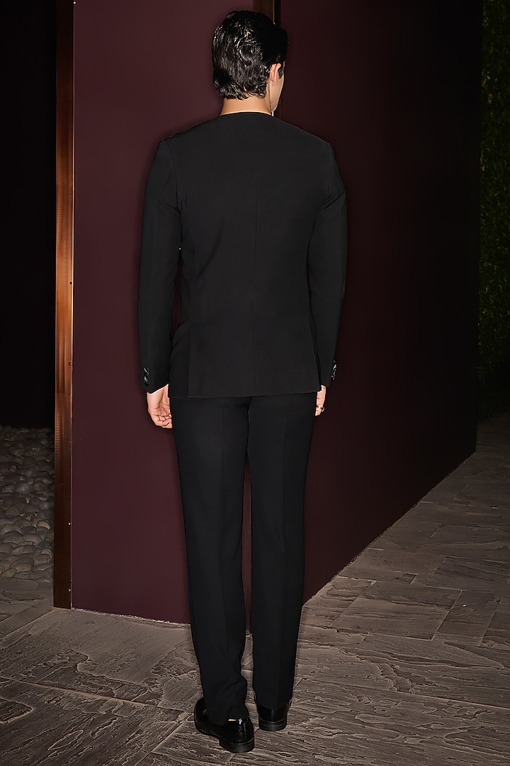 Black Silk Velvet & Premium Lycra Suiting Stone Embroidered Tuxedo Set by Contrast By Parth at Pernia's Pop Up Shop