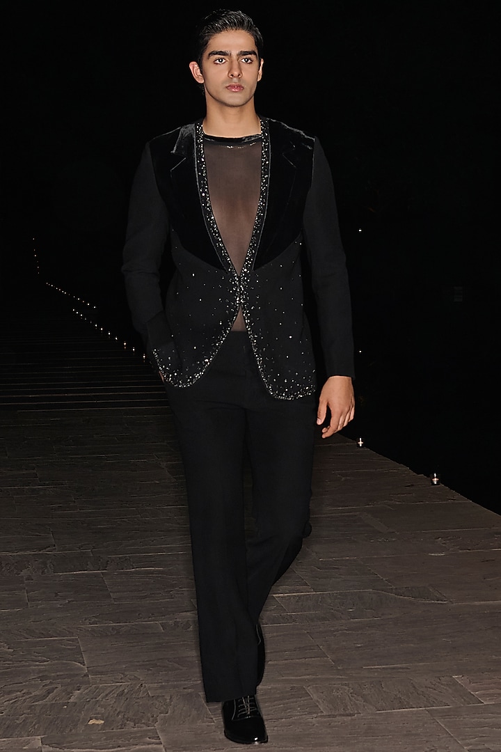 Black Silk Velvet & Premium Lycra Suiting Stone Embroidered Tuxedo Set by Contrast By Parth at Pernia's Pop Up Shop
