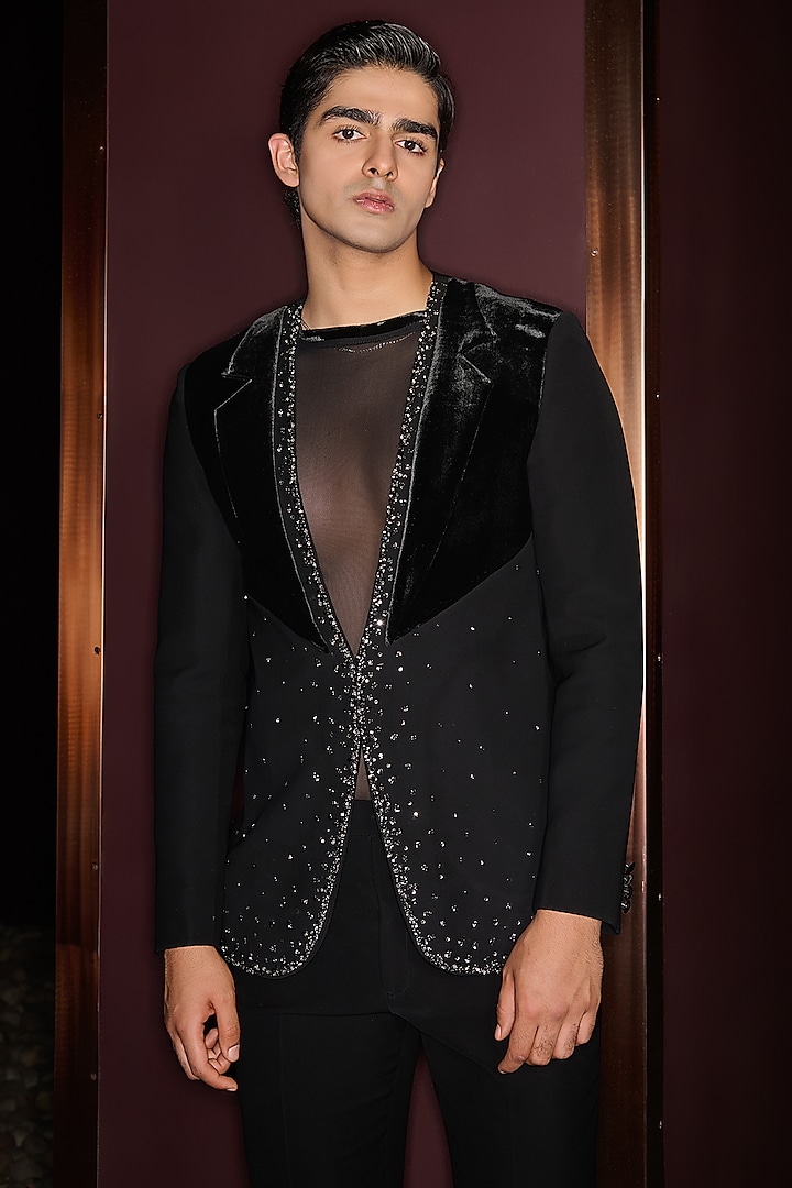 Black Silk Velvet & Premium Lycra Suiting Stone Embroidered Tuxedo Set by Contrast By Parth at Pernia's Pop Up Shop
